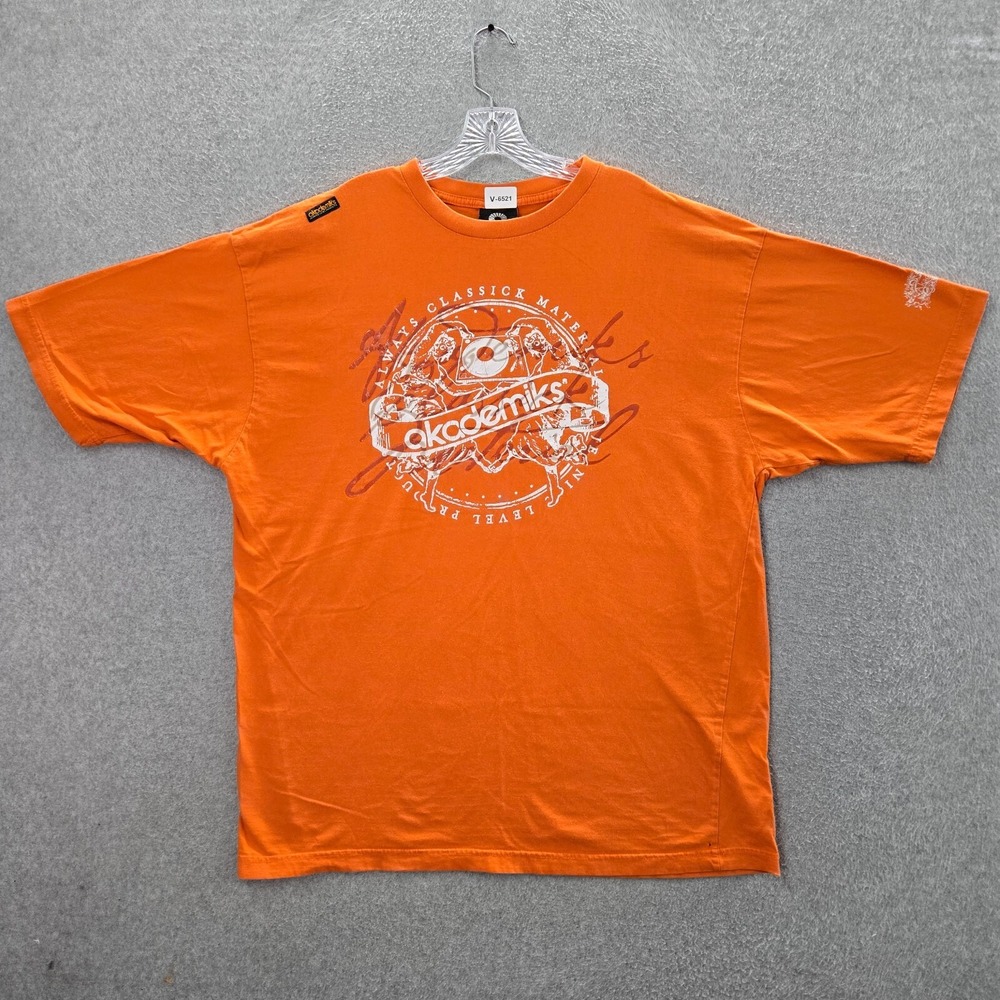 VINTAGE Akademiks Men Shirt 2XL Orange Y2K Short Sleeve Logo Hip Hop